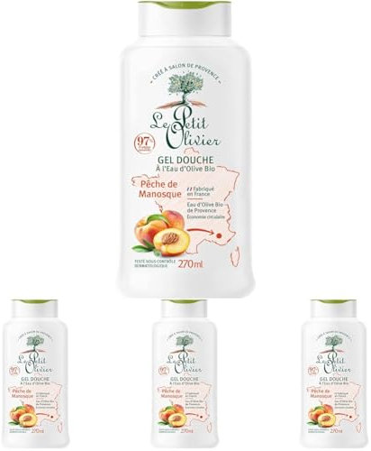 LE PETIT OLIVIER - Gel Douche - Eau d'Olive Bio & Pêche De Manosque - PH Neutre Pour La Peau - 97% D'Origine Naturelle - Sans Savon, Sans Colorant - Fabriqué En France - 270 ml (Lot de 4)