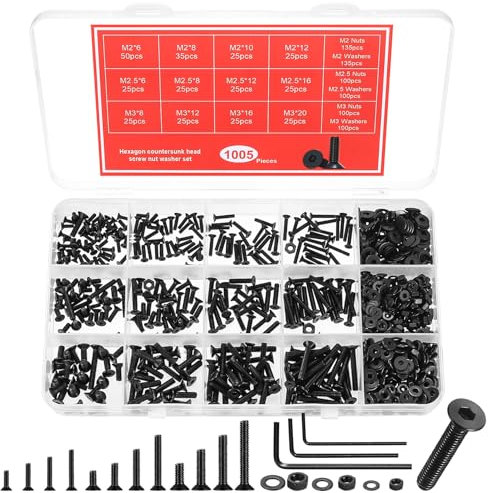 1005 Piezas M2, M2.5 M3 Juego de Tornillos y Tuercas, Tornillo de Avellanado de Hexagonal, Tornillos de Cabeza Plana y Tuercas y Arandelas Kit, Tornillo de Cabeza Hueca Hexagonales Negros