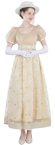 FCCAM Regency Vestido de mujer maxi de estilo imperio con encaje y mangas abullonadas, vestido de noche vintage con guantes, elegante para bodas o fiestas