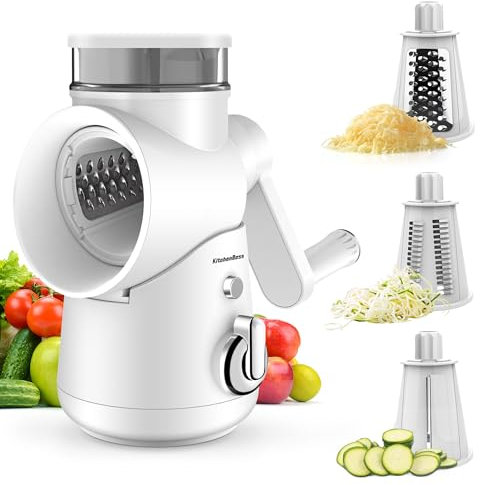 KitchenBoss Grattugia Formaggio Manuale,Affettatrice Professionale:Tagliaverdure 3 in 1,Con manovella e 3 lame sostituibili in acciaio inox,Adatto a molti Ortaggi e Frutta,Bianco