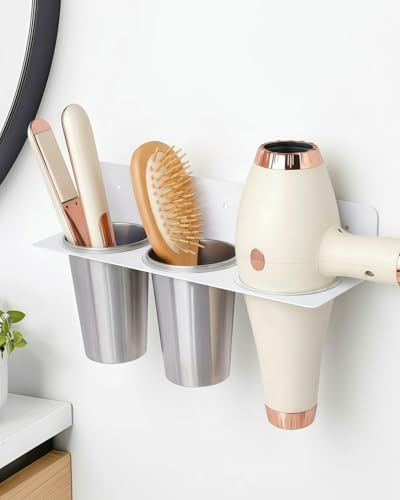 Bowyune Supporto per Asciugacapelli, Portafon 3 in 1 Senza Foratura, Supporto in Acciaio Inox per Asciugacapelli, Piastra e Arricciacapelli, Porta Föhn e Piastra per Hotel, Bagno e Barbiere, Bianco
