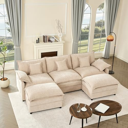 Litbird 274 cm U-Shaped Sofa, Chenille Deep Seat Sofa Bed, Flat White | Cloud Comfort, Deep Seat Design, Soft Chenille Upholstery, Machine-Washable Covers, Movable Ottoman