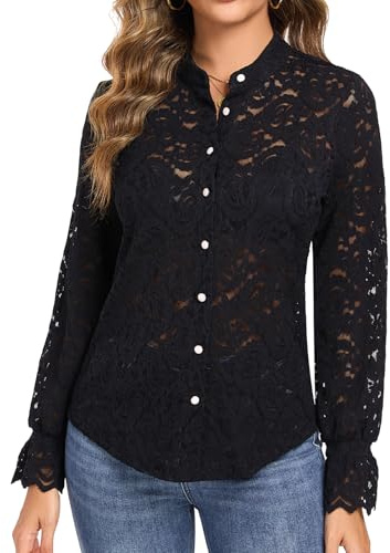WOWENY Blusa de mujer de encaje de manga larga elegante con cuello abotonado, Negro , XL