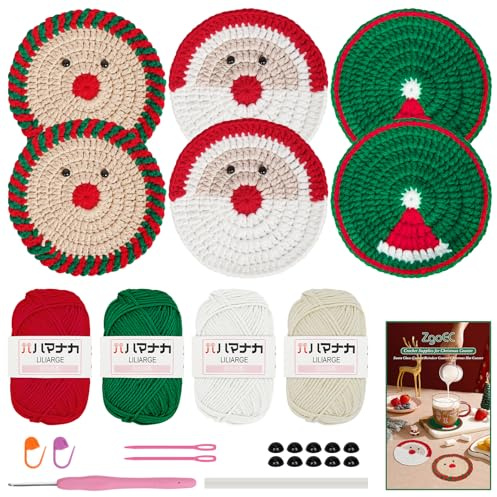 ZgoEC Häkel Set für Anfänger, Häkelset Untersetzer mit 3 Weihnachtsmuster, Häkelnadel Set mit Video & Anleitung, Häkelgarn 4 x 25g, Wolle zum Häckeln Stricken, Heimdeko Geschenk