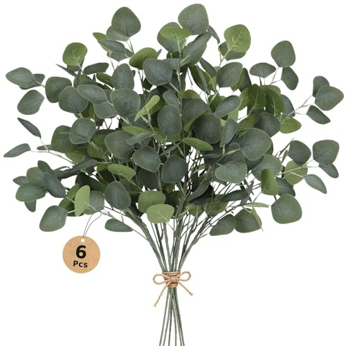 Artificial Eucalyptus Stems 6 Pcs Fake Flowers, 90cm Fake Eucalyptus Stems & Apple Leaf Branches, Artificial Flowers Indoor Artificial Greenery for Tall Vase Home Decoration