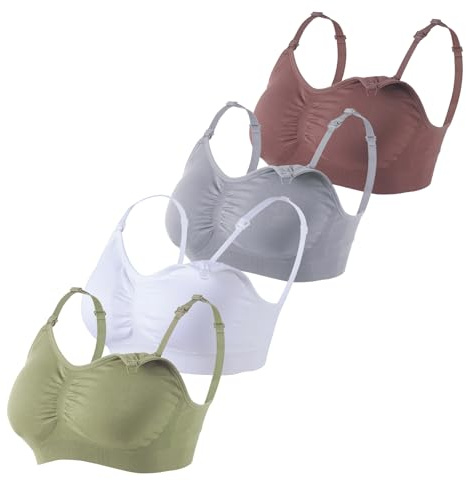 Under Control Nursing Bra 4-Pack - Soft Pastel Maternity & Sleep Bra - 2 Silver/Dark Mauve & 2 White/Olive - Seamless Wireless Bra for Breastfeeding (S-2XL) M Size