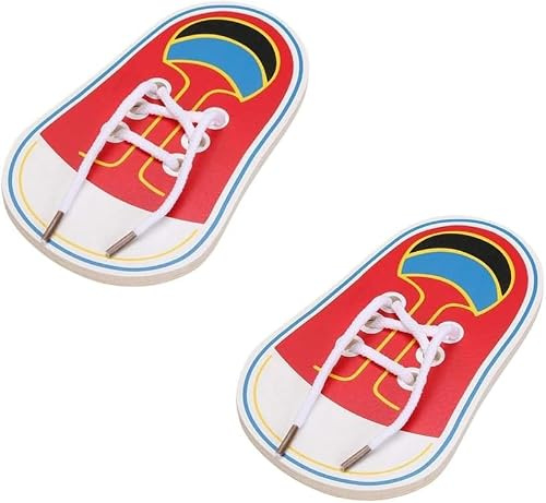 Cawhui 2Pcs Wooden Lacing Shoe, Shoe Lace Practice Board Threading Lacing Shoes Training Board Tying Practice Toddlers Early Learning Educational Fine Motor Skills Toy (Red White)