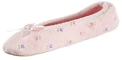 isotoner womens Embroidered Terry Ballerina Slippers Flat Sandals, Pink Soft Tie Bow, 9.5-10.5 US