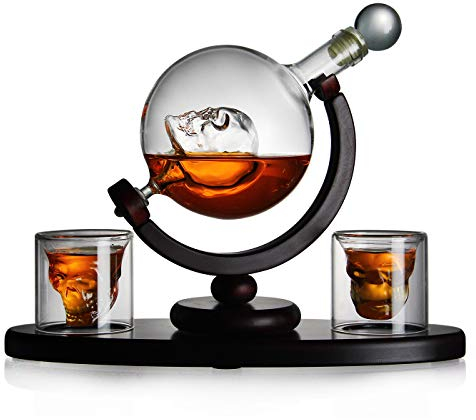 Set di whisky, caraffa in vetro con teschio per gli amanti del whisky e dell'assenzio, 2 bicchieri con teschio e vassoio in legno, bottiglia con chiusura ermetica, decanter da 850 ml, fatto a mano,