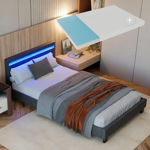 Juskys Polsterbett Paris 120x200 cm - Bettgestell inkl. LED-Beleuchtung, Lattenrost & Matratze - grau - Kunstleder - Einzelbett Jugendbett