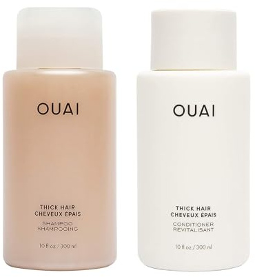 OUAI Thick Shampoo + Conditioner Set - Fight Frizz and Nourish Dry, Thick Hair with Keratin, Marshmallow Root, Shea Butter & Avocado Oil - Free of Parabens, Sulfates & Phthalates - 300 ml Each