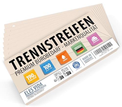 Hålade skiljeremsor cremefärgade 100 stycken - 24 x 10,5 cm - Kraftigt material - Robusta, skrivbara - FRÅN TYSKLAND - För ringpärmar - Registerblad för bättre ordning