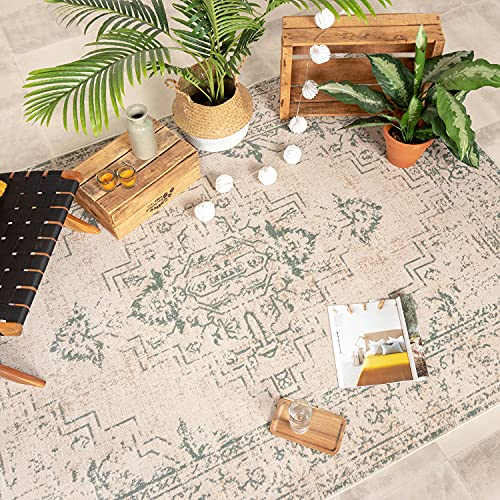 FRAAI | Home & Living Teppich Vintage - Spring Ethnic Creme Grün - Polypropylen - Kurzflor - Vintage - Boho, Orientalisch - Wohnzimmer, Esszimmer, Schlafzimmer - Carpet