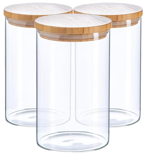 Argon Tableware Scandi Storage Jars with Wooden Lids - 1000ml - 3 Pack - Modern Round Organisation Container Glass Jar for Kitchens, Pantry, Bathrooms, Utility Rooms
