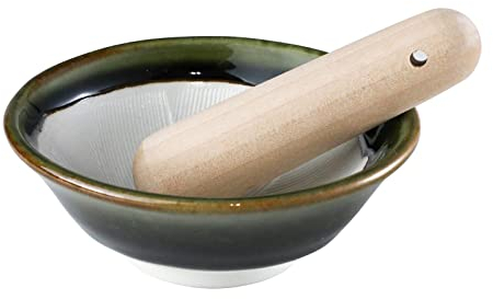 Asayu Japan Mortaio in Ceramica con Pestello in Legno, Realizzato in Giappone, Lavabile in Lavastoviglie e Adatta al Microonde, Set Ripple Ridge Suribachi e Surigoki (Verde oliva)