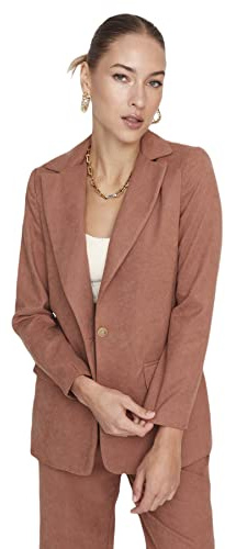 Trendyol Abrigo Blazer Tejido Liso de Doble Botonadura Regular para Mujer, marrón Claro, 36