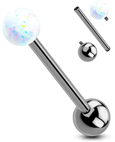 OUFER Titanium Tongue Rings, White Opal Tongue Ring, Internally Threaded Tongue Piercing Jewelry, Straight Tongue Jewelry for Women Men