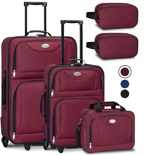 Juskys Set valigia trolley 5 pezzi - 60 litri, 2 ruote, guscio morbido, tessuto idrorepellente, leggero, bagaglio a mano - Valigia bordeaux
