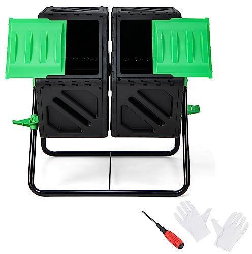 TANGZON Single/Dual Chamber Garden Tumbling Composter, 65L/130L 360° Rotating Compost Bin with Sliding Doors, Stopper & Gloves, BPA Free Outdoor Aerating Waste Bin Composting Tumbler (Dual, 130L)