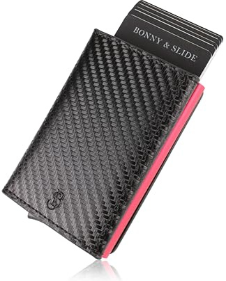 BONNY & SLIDE Kartenetui mit RFID Schutz – Magnet Card Holder Wallet Slim - Karten Portemonnaie - Kreditkartenetui Geldbeutel - Geldbörse Damen und Herren - Mini Portmonee Carbon/Rot