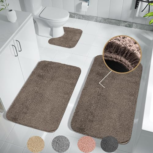 Achiiso Badvorleger Set,Kaffee Badezimmerteppich Set 3 Teilig,Weich Badematte,Mikrofaser Badteppich rutschfest Waschbar,Super Dicker Badvorleger(Kaffee,U40x50+50x60+50x80cm)