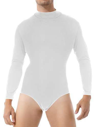 Choomomo Herren Langarmbody Slim Fit Hemdbody Männer Baumwolle Ballett Trikot Mit Kragen Gymnastik Leotard Bodysuit Overall Einteiler Weiß M