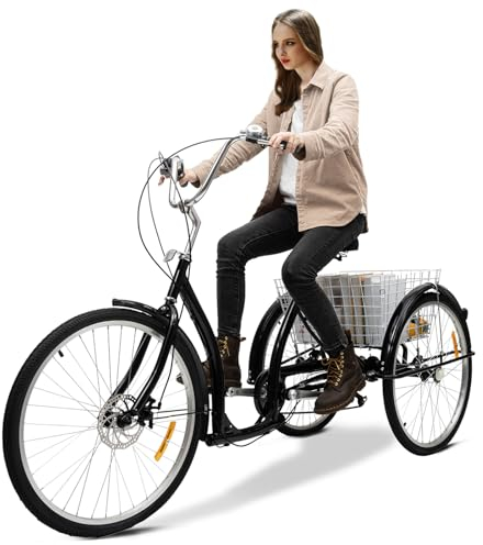 KANBCNG 26 Zoll Dreirad für Erwachsene, Dreirad Fahrrad mit Mehrganggetriebe & Korb 3-Rad Seniore Fahrrad Trike für 165~185CM Männer Frauen Senioren Sitzhöhe Verstellbar, Schwarz