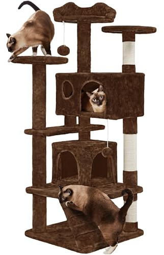 Yaheetech 139cm Cat Tree for Indoor Cats with Scratching Posts, Brown | Multilevel Cat Tower, 2 Condos, 3 Perches, Sisal Posts, Ladder, Safety Strap, for Small to Large Cats, FSC-Certified
