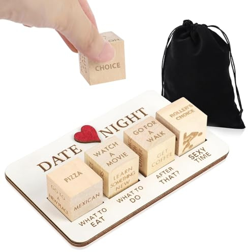 HarttiHome Set di dadi di notte in legno per coppie, set di dadi riutilizzabili con borsa, novità data notte idee azione decisione dadi gioco per San Valentino, anniversario, compleanno