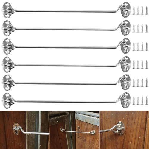 YAYODS Pack of 6 30 cm Storm Hooks Stainless Steel with Eyelet, 12 Inch Hook with Eyelet, Silver Stainless Steel Locking Hook, Cabin Hook, Gate Hook Lock Latch, Door Storm Hook for Doors, Windows,