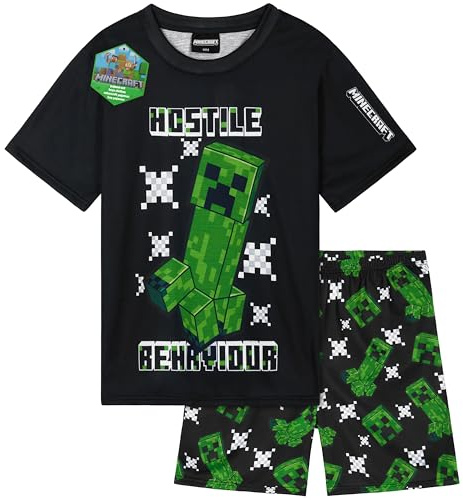 Minecraft Corto Pigiama Ragazzo, Morbido Pigiami Estivi Bambino con Maglietta e Pantaloncini, Abbigliamento Notte, Regalo Ragazzo (9-10 Anni, Nero, Confezione da 1)