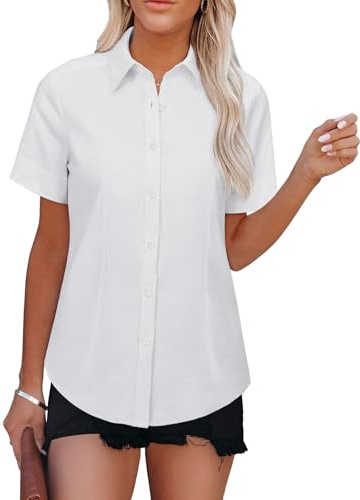 siliteelon Womens Button Down Shirt Short Sleeve Wrinkle Free Blouse Fitted Work Business Casual Collared Office Tops - White XL