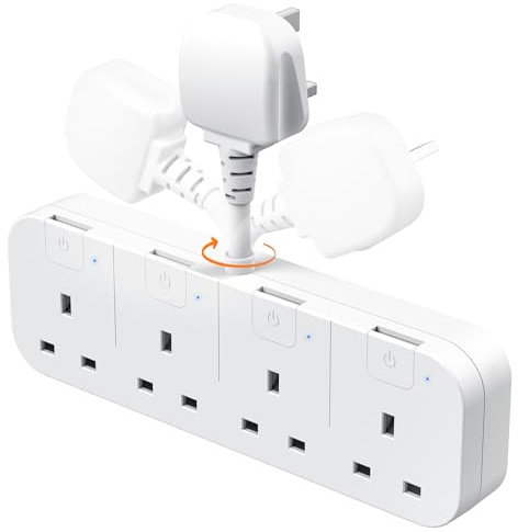Multi Plug Extension Socket 4 Way with Flexible Plug, 4 Gang Plug Adapter UK with Individual Switches, Short Small Extension Adaptor for Home, Kitchen. White