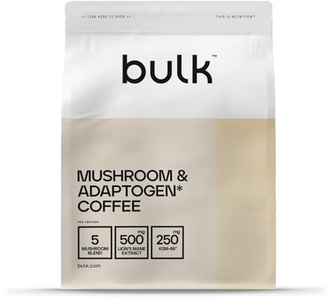 Bulk Caffè ai Funghi, Criniera di Leone, Ashwagandha, Vitamina D, Nero, 250 g