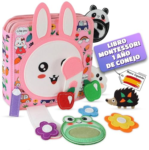 Olifty Libro Montessori 1 Año - Busy Board Montessori - Libro Bebé 1 Año - Busy Book - Libro Sensorial Bebé de Fieltro - Tablero Montessori 2 Años (Conejo Rosa)