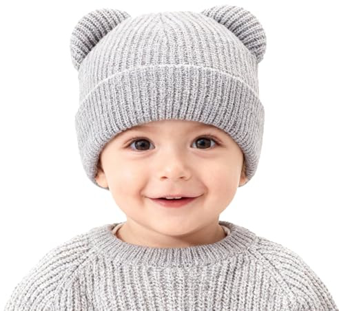AYPOW Baby barn mössa vinter hattar med söta björnöron, mjuka varma vindtäta stickade mössor för 0–36 månader pojkar och flickor, vintermössor för utomhusaktiviteter