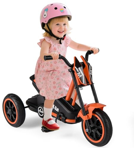 COSTWAY Trehjuling för barn, trehjuling för barn med motorcykeldesign, 3 robusta hjul och fotpedaler, barnbalanscykel med styre för pojkar och flickor från 3 år, kan belastas upp till 30 kg (orange)