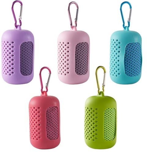 Hoadyush 5 Pièces Serviette Rafraichissante – Microfibre Serviette Sport avec Housses en Silicone Portables, Tissu de Soie Glacée pour Yoga, Plage, Golf, Camping