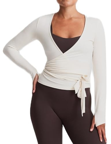 RUINIXCW Women Wrap Tie Top Long Sleeve Deep V Neck Cross Tie Workout Ballet Pilates Yoga Shirt Y2k Fairy Coquette T-Shirts