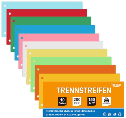 Thboxes Lot de 200 intercalaires multicolores en 10 couleurs, 24 x 10,5 cm, perforés, pour classeur A4, carton, onglets de séparation, inscriptibles et imprimables, pour bureau, école, université
