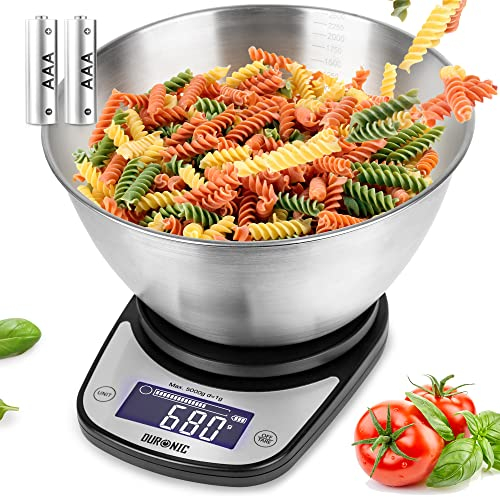 Duronic KS5000 BKSS Báscula de cocina digital de precisión | Bol acero inoxidable desmontable de 2.5L | Pantalla LCD lectura de dígitos fácil | Máx. 5kg | Función tara | Balanza Alimentos Joyas etc