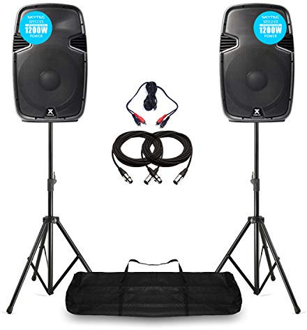 Vonyx SPJ-1200A 12 Active PA Speakers Pair with Stands, Portable DJ Speaker System for Party, Disco and Events, Complete Sound Equipment Setup, Professional Audio Set