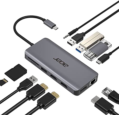 Acer 12-in-1 Mini Dock (USB Type-C zu 1x USB Type-C (w PD), 2x USB 3.2, 2x USB 2.0, 2x HDMI, 1x Displayport, 1x RJ-45, 1x SD Card Reader, 1x Micro SD Card Reader, 1x 3.5 Audio port 3.5) silber