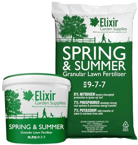Elixir Gardens Spring & Summer 9-7-7 | Treats 285 sq.m | Granular Lawn Fertiliser/Turf & Grass Feed/Food | 10kg Bag