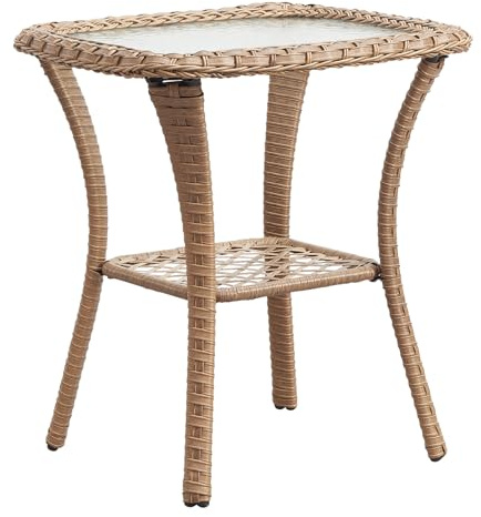Belord Small Outdoor Side Table - 50 LBS Weight Capacity Wicker Side Table with Storage, Tempered Glass Top Patio Side Table for Porch Balcony Deck Yellow