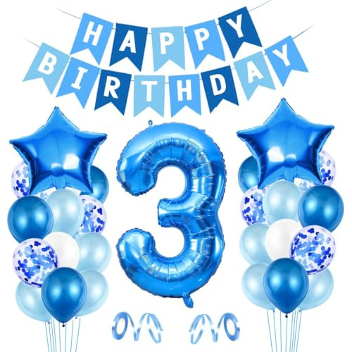Ballong 3. Födelsedag blå – Happy Birthday-folieballong – jätte folieballong nummer 3 – ballongdekoration – födelsedagsdekoration pojkar 3 år