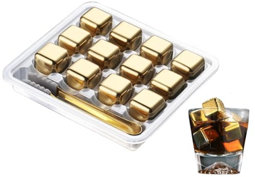 Anlising 12PCS Cubitos de Hielo Acero Inoxidable, Cubitos Hielo Reutilizables de Acero, Cubitos de Hielo de Metal, Reutilizables Piedra de Enfriamiento, para Vinos,Vodka,Licores,Jugos de Bebidas (Oro)