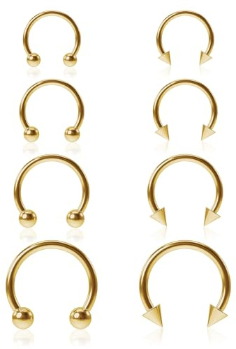 PT Haahoos 8 Pcs Gold Horseshoe Nose Ring, 16G Stainless Steel Septum Tragus Earring Lip Helix Belly Piercing Jewellery with Spike, 6mm 8mm 10mm 12mm Circular Bead Rings for Men Women (Gold)