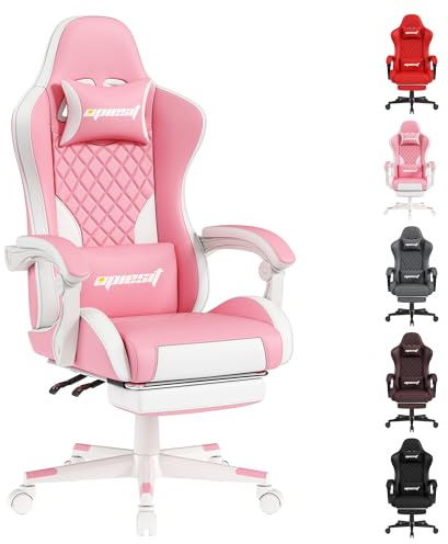 Opiesit Gaming Chair for Adults, Ergonomic Office Computer Chairs with Pocket Spring Cushion, PU Breathable Materials Video Game Chair, Linkage Armrest and Footrest Game Chairs (Pink)