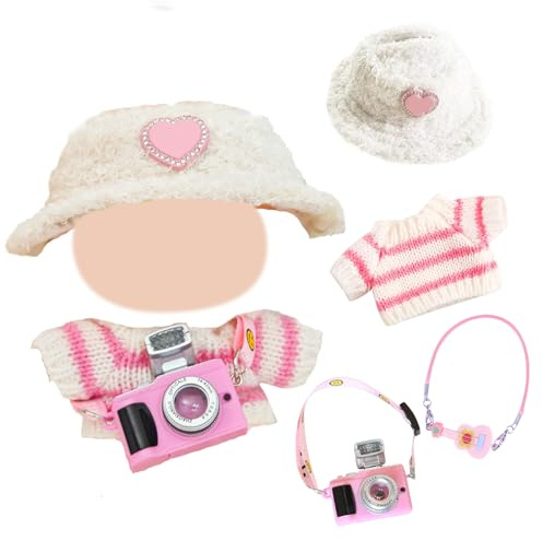 4 Pcs Dolls Clothes for 17cm Dolls, Pink Cute Plush Clothing Outfit mit 1 Jumper Clothing 1 Hat 1 Guitar 1 Camera Pendant, 6.7 Inch Plush Clothing DIY Ideal Girl's Gift